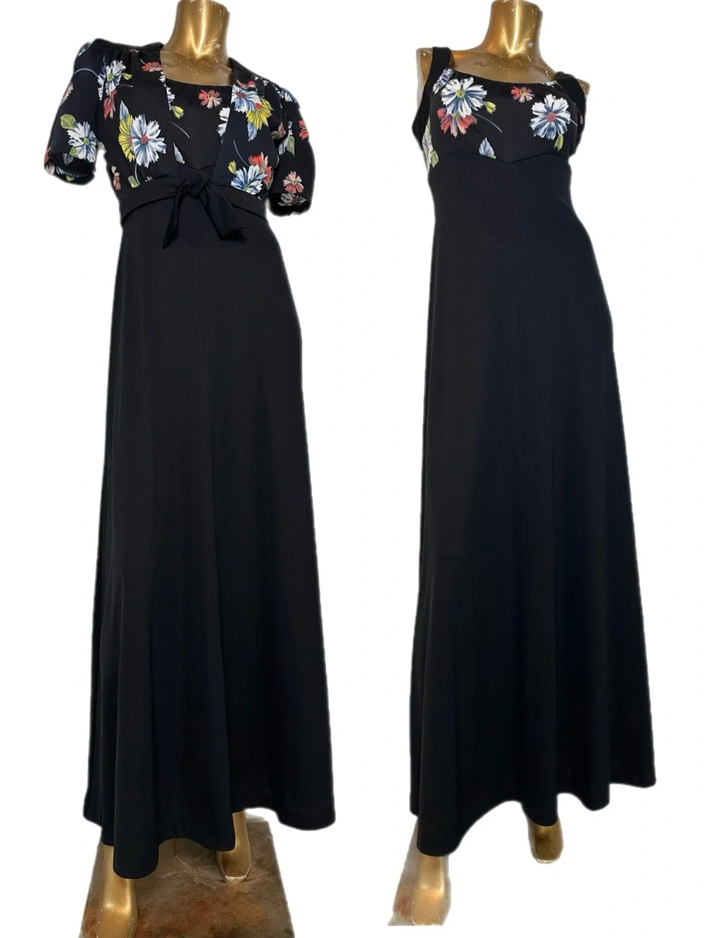 Vintage Jody of California Black Floral sleeveless Maxi Dress w/ bolero jacket